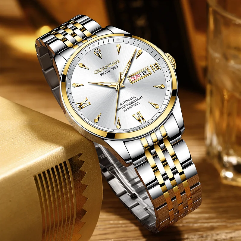 Elegant Business Men's Watch Gold Silver Automatic Mechanical Wristwatch Waterproof Luminous