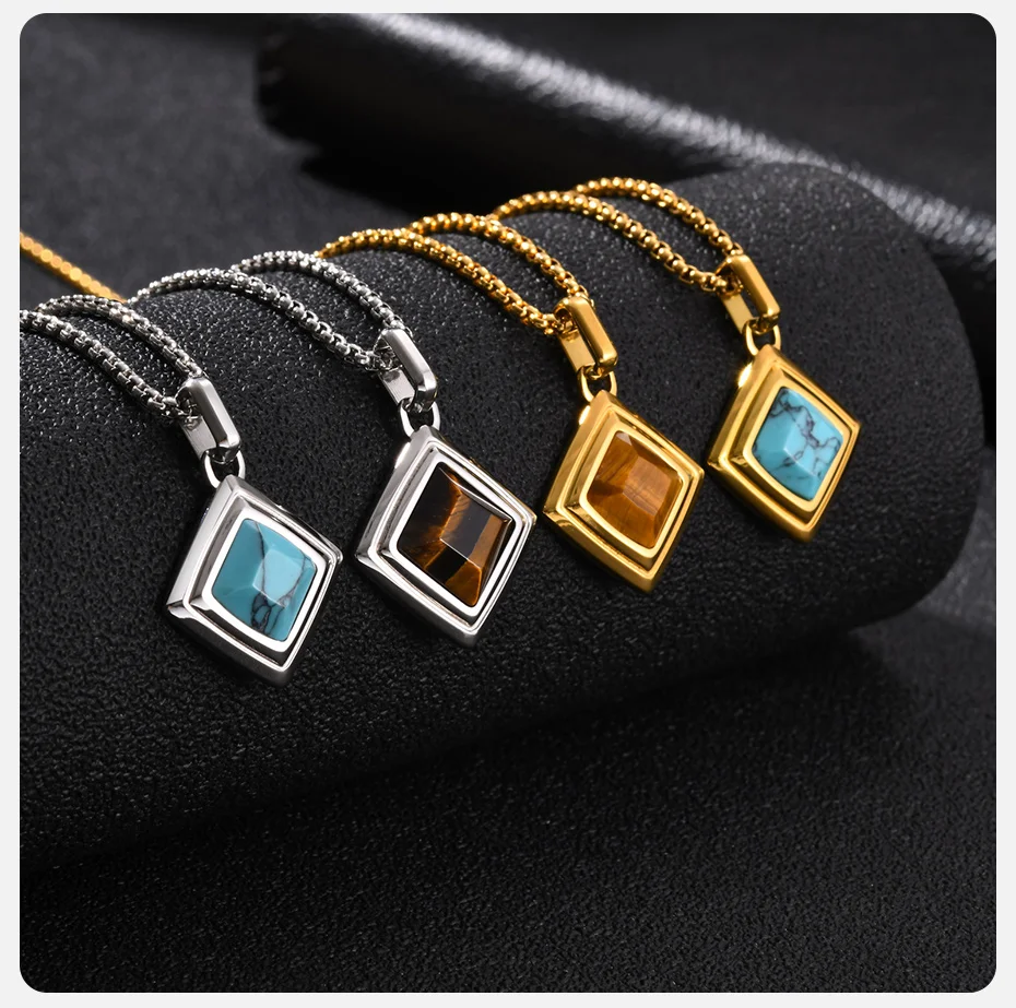 Vnox Rhombus-Anhänger-Halskette für Herren, Edelstahl, 60 cm, Kastenkette, natürlicher Tigerauge-Türkis-Stein, täglicher Punk-Schmuck, Geschenk – Detail 7