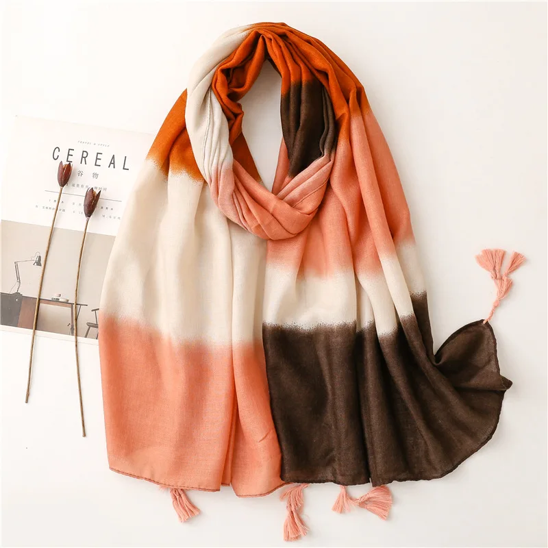 2023 Fashion Ombre Gradient Tassel Viscose Shawl Scarf Lady High Quality Thin Wrap Pashmina Stole Bufandas Mulsim Hijab 180*90Cm