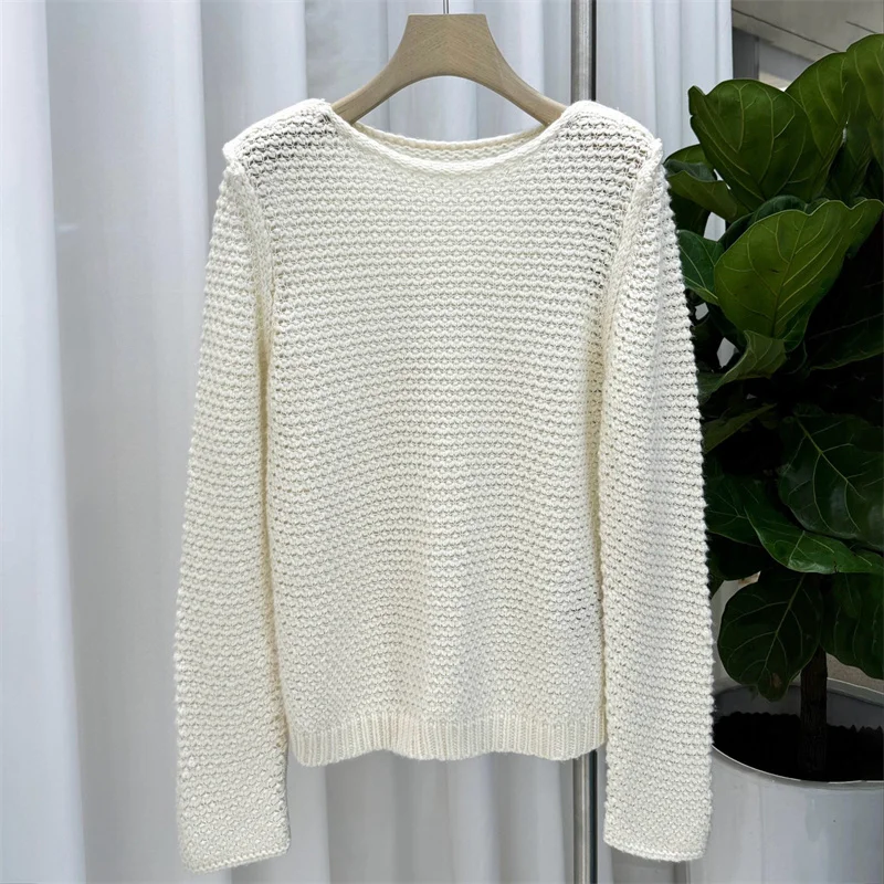 

Women's sweater New elastic knitted long sleeved top for autumn 2025 Round neck slim fit pullover transparent hollow Knitwear