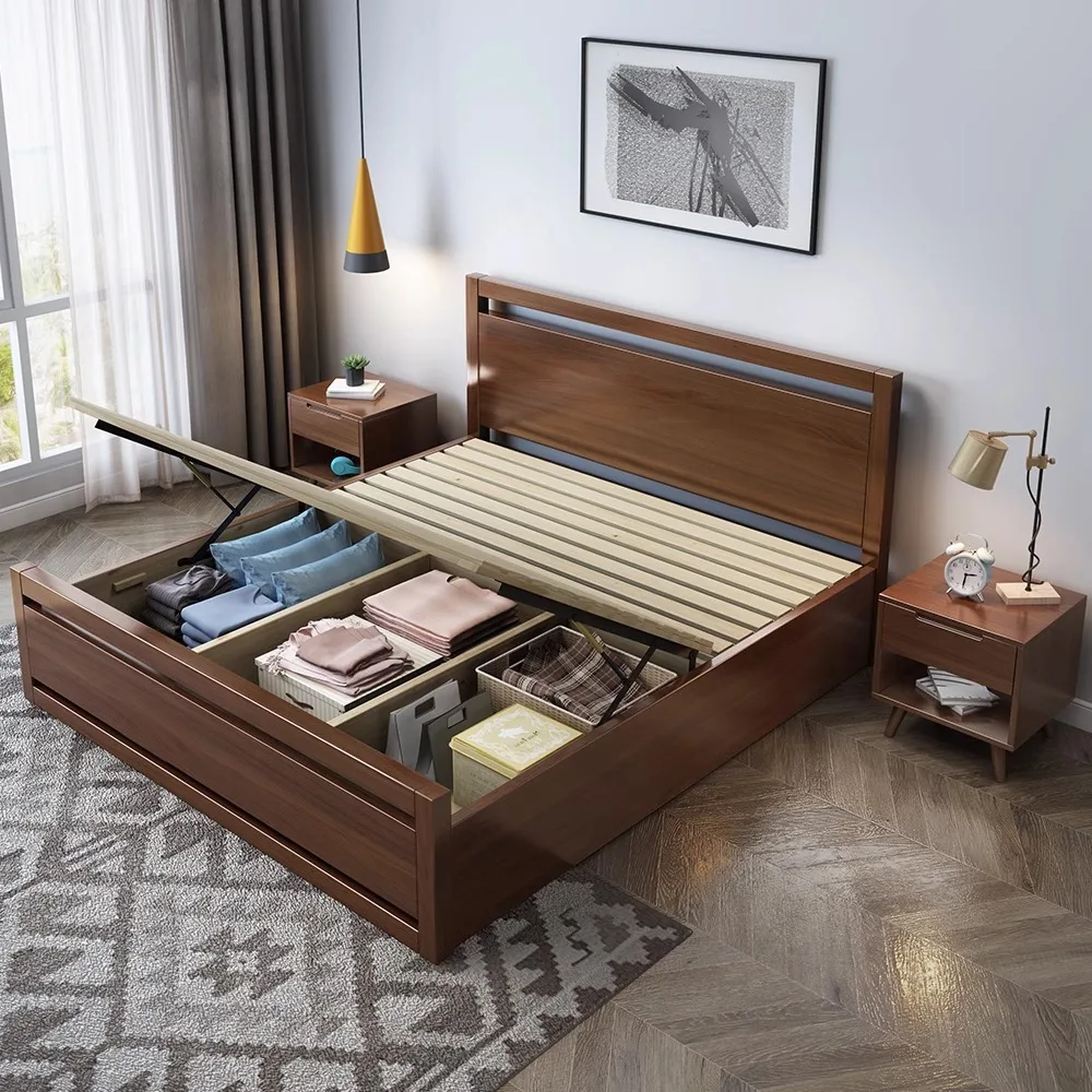 Scandinavisch volledig massief houten bed, modern eenvoudig houtblok 1,8 meter 1,5 dubbel zacht, door pneumatische hoge opbergkast