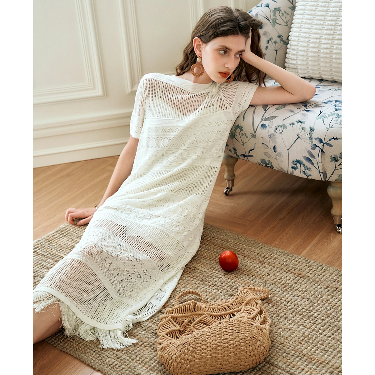 OLrain Women Summer Dresses 2026 French Style White Knitted Dress Vacation Hollow Out Suspender Two-piece Long Dress O24XL86313