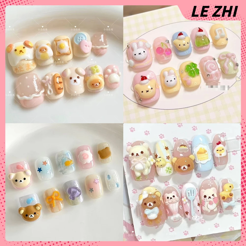 Sweet Cute Cartoon Rilakkuma Square Round Almond False Nails 3D Kawaii Animal Rabbit Cat Bear Bow Full Cover Nails