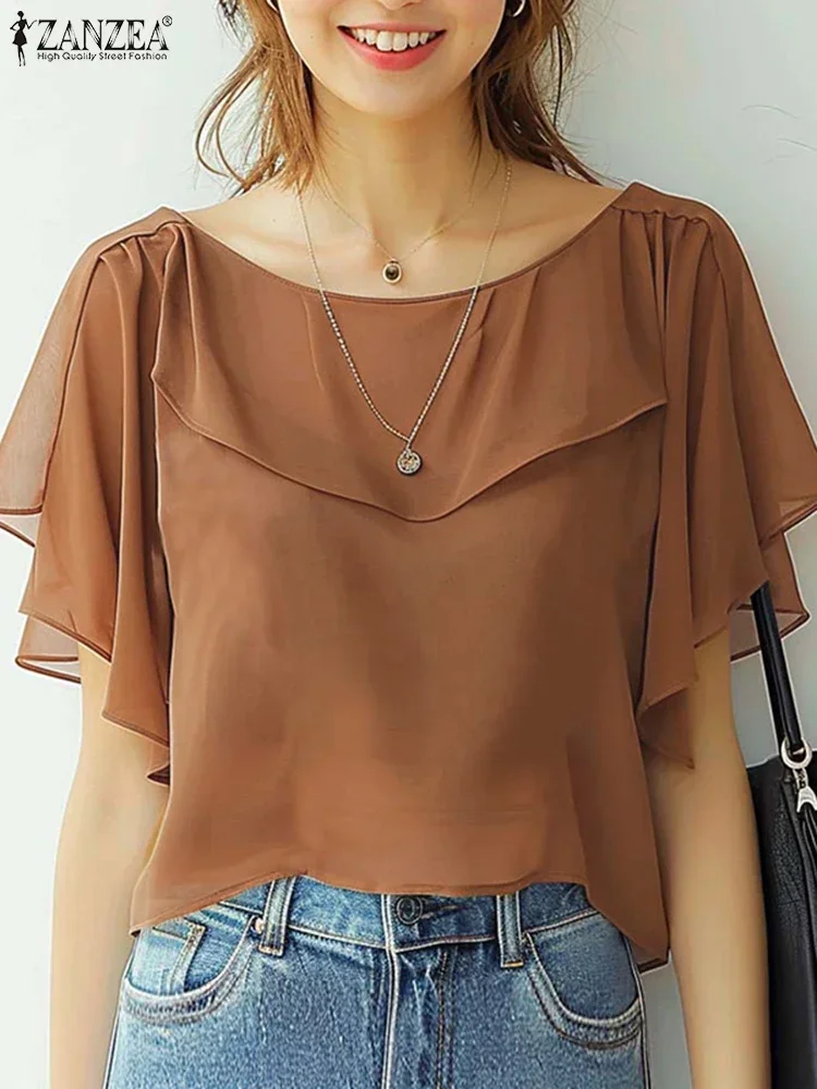 ZANZEA 2025 Estate Magliette e camicette Delle Donne di Modo Coreano Camicetta di Chiffon Elegante Manica Corta Solido Camicia Tunica Casual Allentato Volant Orlo Blusa