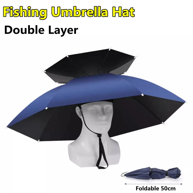 Double Layer Fishing Umbrella Hat 69-80cm Folding Sun Shade Waterproof Umbrella Cap Outdoor Fishing Camping Umbrella Headwear