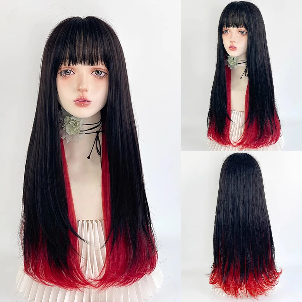 

Long Straight Synthetic Ombre Black Red Layered Wig Lolita Cosplay Fluffy Women Heat Resistant Wig for Daily Party