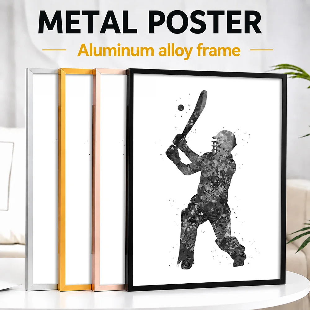 Cricket Batter Monochrome Framed Metal Poster Personalized Silhouette Design Wall Art For Sports Lounge And Team Locker Room