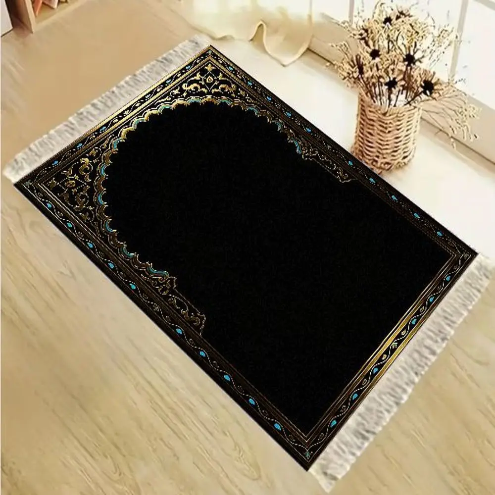 VIKAMA Traditional Muslim Prayer Rug Light Blue Green Border Mat with Fringe