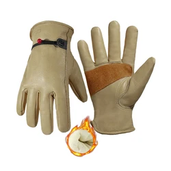 HANDLANDY winter gloves durability cowhide adjustable strips driver outdoor winter warm lining work leather gloves