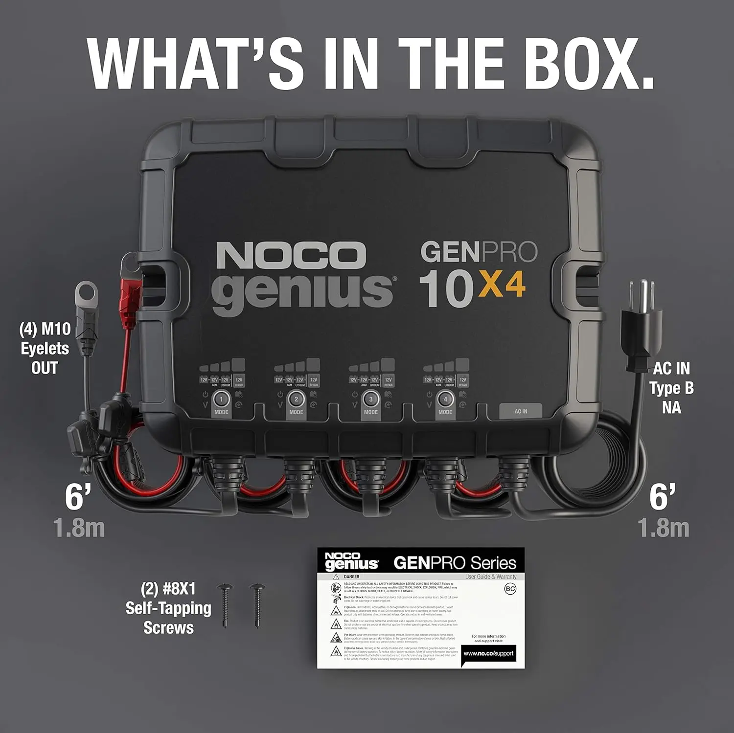 GENPRO10X4, 40A Car Battery Charger - 10A Per Side, 12V Waterproof Marine Charger for Lead-acid and Lithium Batteries