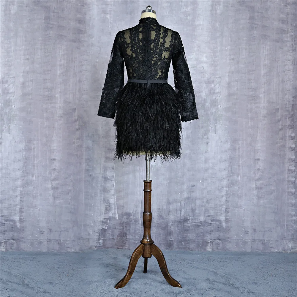 Robe de cocktail noire à manches longues, gaine, tulle, appliques, plumes, voir à travers les zones courtes et sexy, robes de soirée