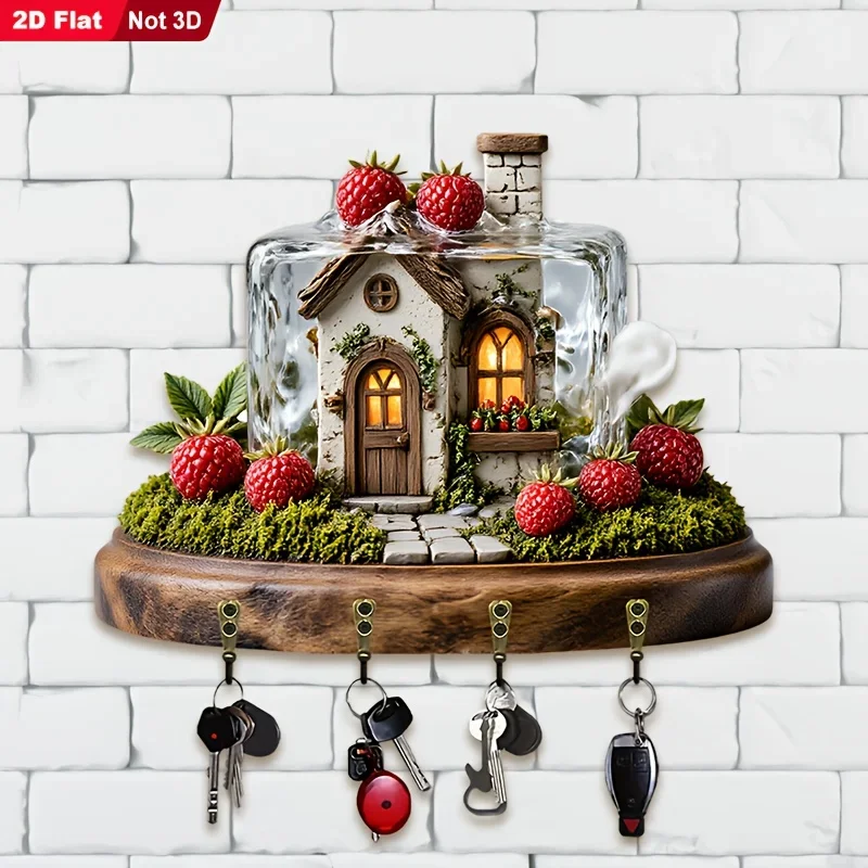 2D Flat, 1pc, Raspberry Cottage Themed Key Hook, Wooden Multifunctional Home Key Rack, with Four Metal Hooks, Wall Decoration,