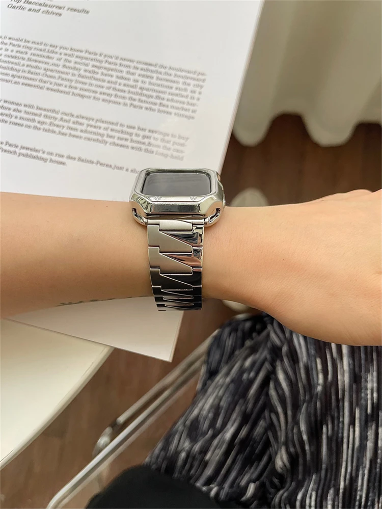 الفاخرة حزام (Band) ساعة ل أبل ساعة 7 41 مللي متر 45 مللي متر المرأة رجل الفولاذ المقاوم للصدأ سوار ل iWatch SE 6 5 4 3 2 1 44 40 42 38 مللي متر حزام