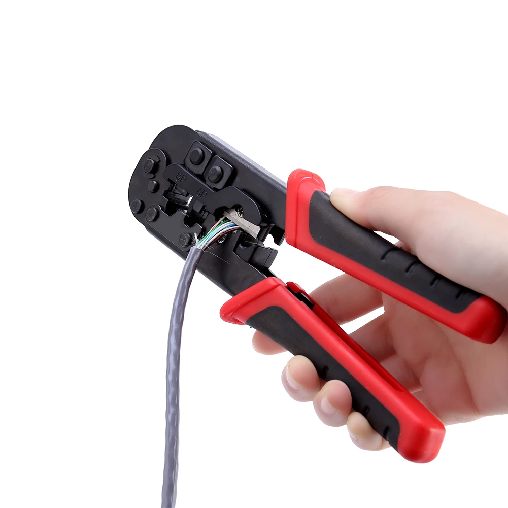 Network Cable Cutting Stripping Crimper Crimping Tool for RJ45 RJ12 RJ11 8P/6P/4P Connectors Red and Black Mouth Material