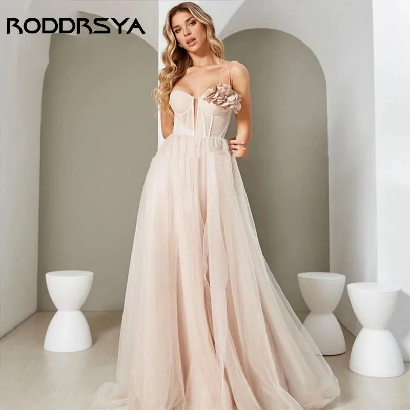 

RODDRSYA Sexy Spaghetti Straps Vestido de Casamento High Slit Tulle Wedding Dress Sweetheart A-Line Sleeveless Flowers Customize