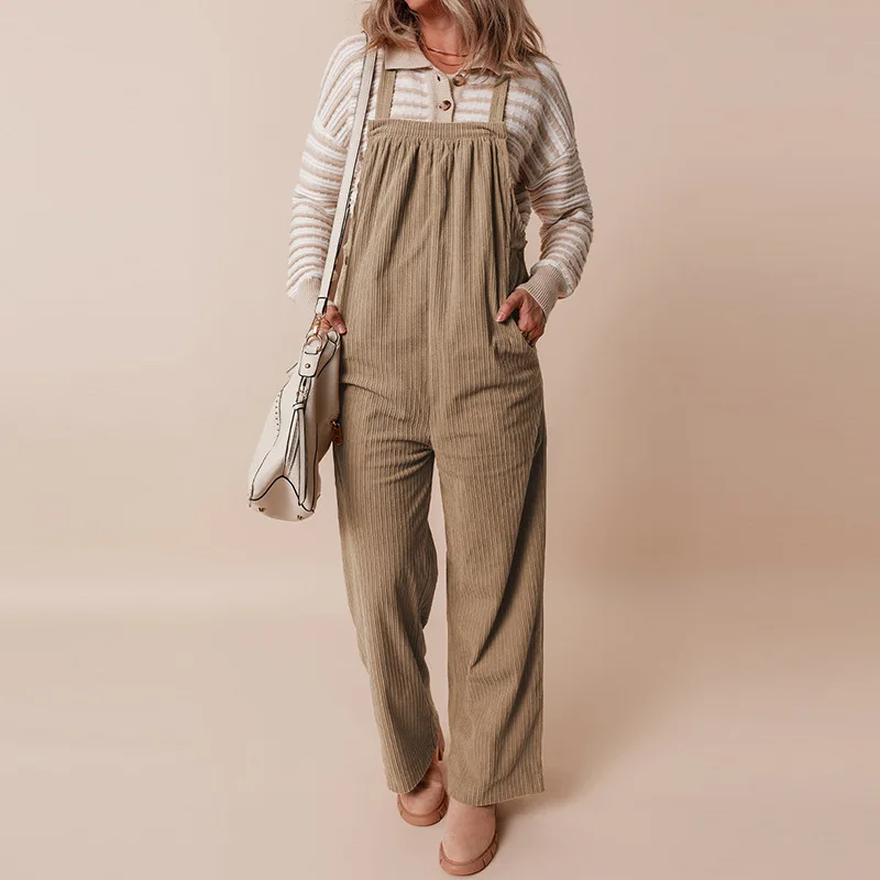 

Autumn New Solid Color Multi-pocket Overalls for Women Simple and Versatile Corduroy Jumpsuit for Women