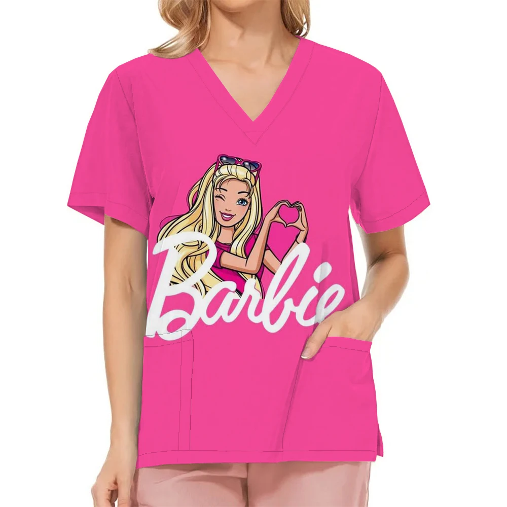 Miniso Medical Nurse Uniforms Women Medical Barbie Print Scrub Shirts Clinical V-neck Blouse Cartoon Pocket Scrubs Beauty Work