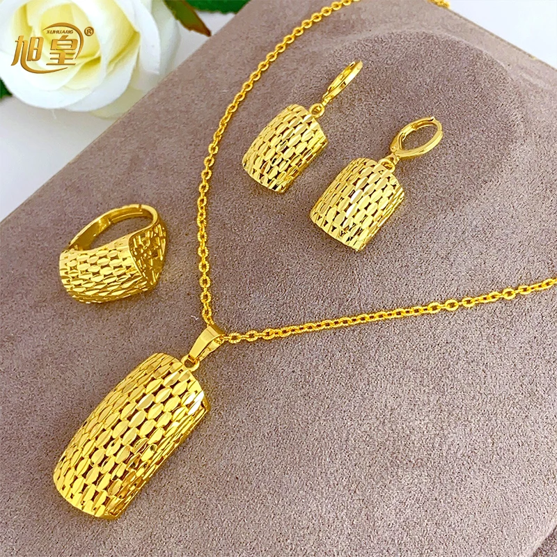 XUHUANG Dubai Gold Color Necklace Sets With Pendant for Women Ethiopian Bridal 3Pcs Jewelry Set Indian Jewellery Party Gifts 24k