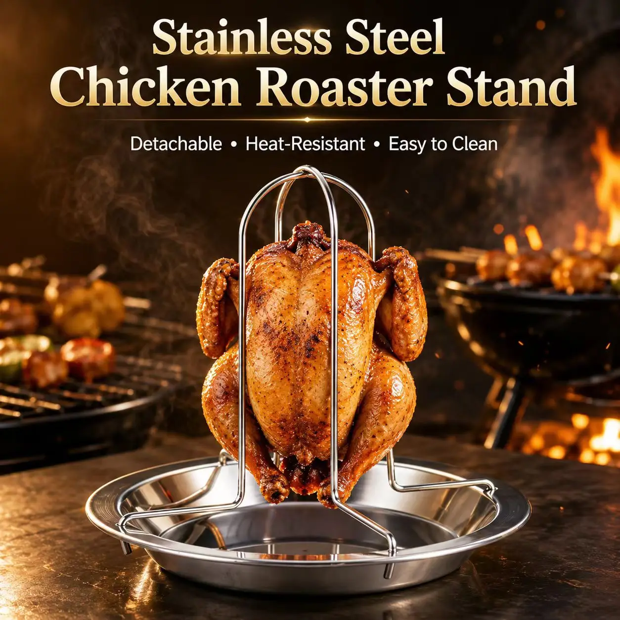 Portable Whole Chicken BBQ Grill Stand, Outdoor Campfire Roasting Holder for Camping Backyard Picnic Barbecue Cooking