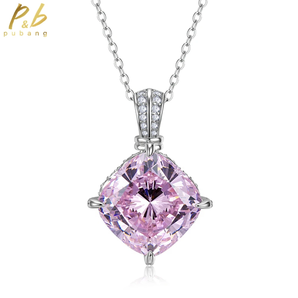 

PuBang Fine Jewelry 925 Sterling Silver Pink Sapphire Created Moissanite Cocktail Pendant Necklace for Women Gifts Drop Shipping