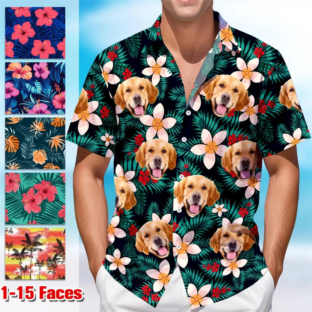 Personalized Custom Text & Face Aloha Shirt Multiple Tropical Leaf Flower Background Options DIY Family Dog Cat Face Party Shirt
