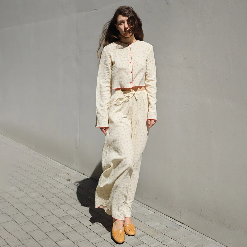 

2026 Autumn New European American Style Contrasting Color Pajama Home Wear Pure Cotton Printed Long Pants Pajama Set for Women