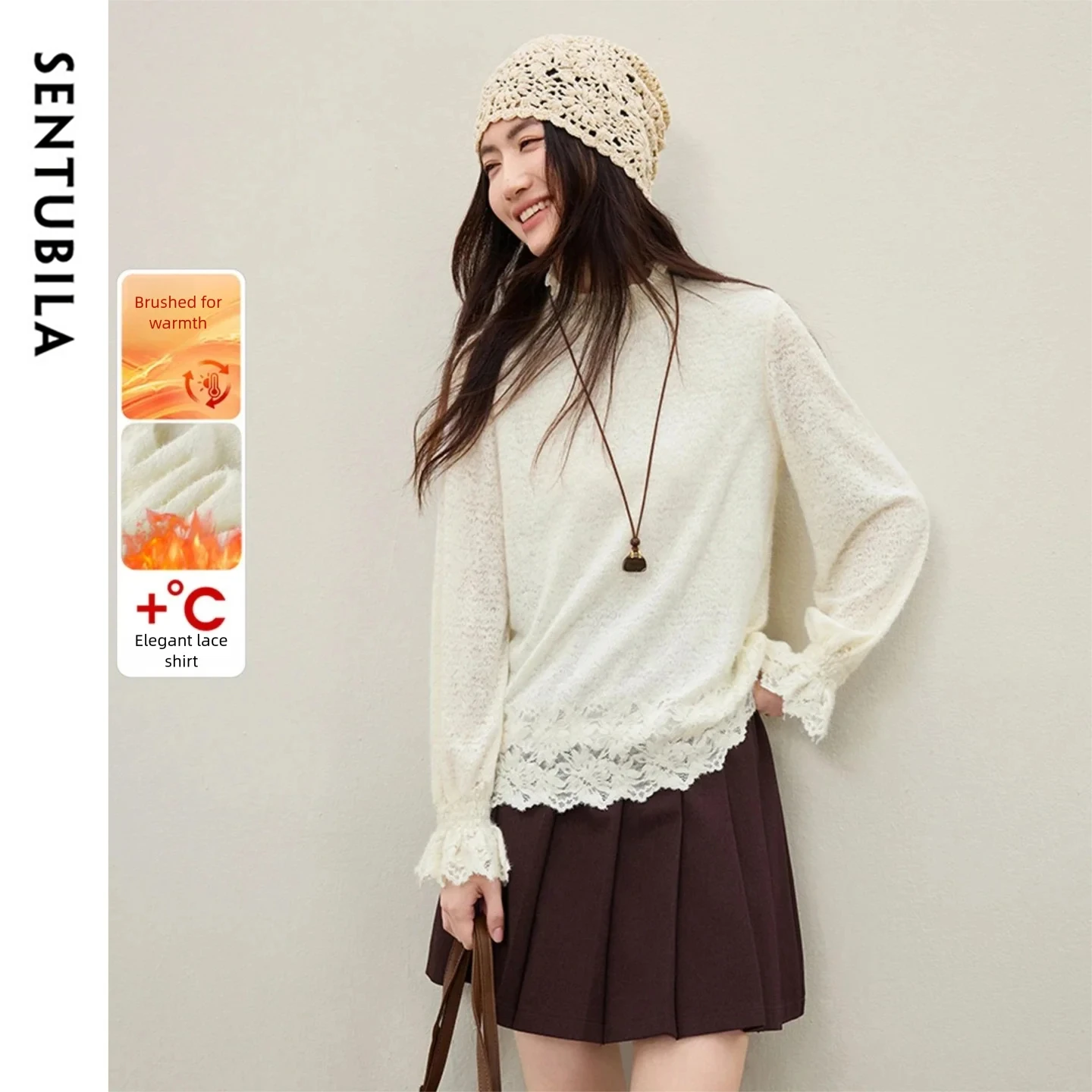 SENTUBILA Eleganckie Bluzki Damskie z Półgolfem, Ażurowe Bluzki Dzianinowe Damskie 2025 Zima Nowe Bluzki z Rozszerzanymi Rękawami i Koronką Q54SA4998