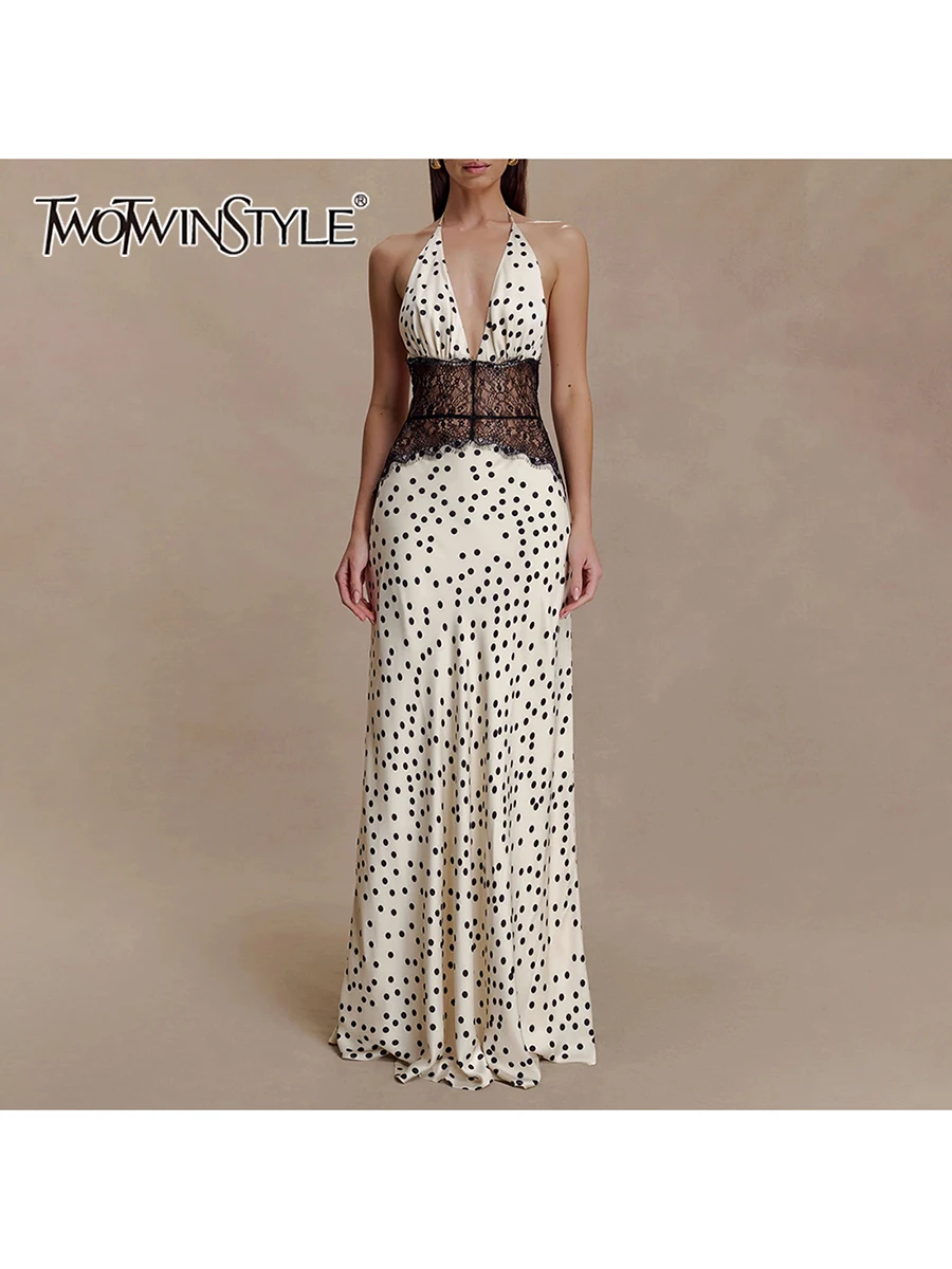TWOTWINSTYLE ضرب اللون تقسم موجة نقطة فستان أنيق للنساء الرسن أكمام تونك شير تقسم الدانتيل فساتين مثيرة الإناث #1