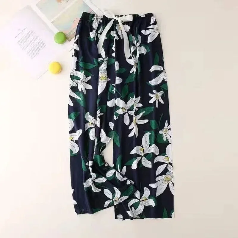 Summer Sleepwear Women Pants Pajama Printed Wide Leg Sleep Bottoms Cotton Pants Calf-Length Pants Elastic Waist Casual Clothes image 2