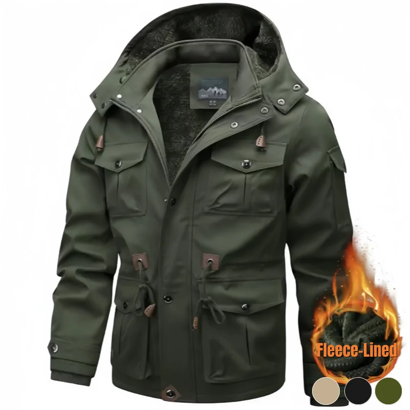 Men's Winter Fleece-Lined Thick Hooded Work Jacket, Outdoor Windproof Warm Multi-Pocket Parka Coat, Men's Casual Jacket