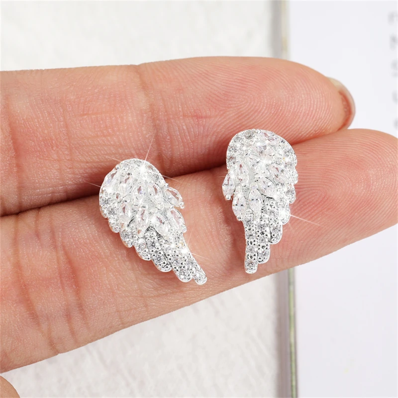 RAKOL  Angel Wings Stud Earrings for Women Shiny Zircon New Fashion Temperament Earrings Party Jewelry Gifts