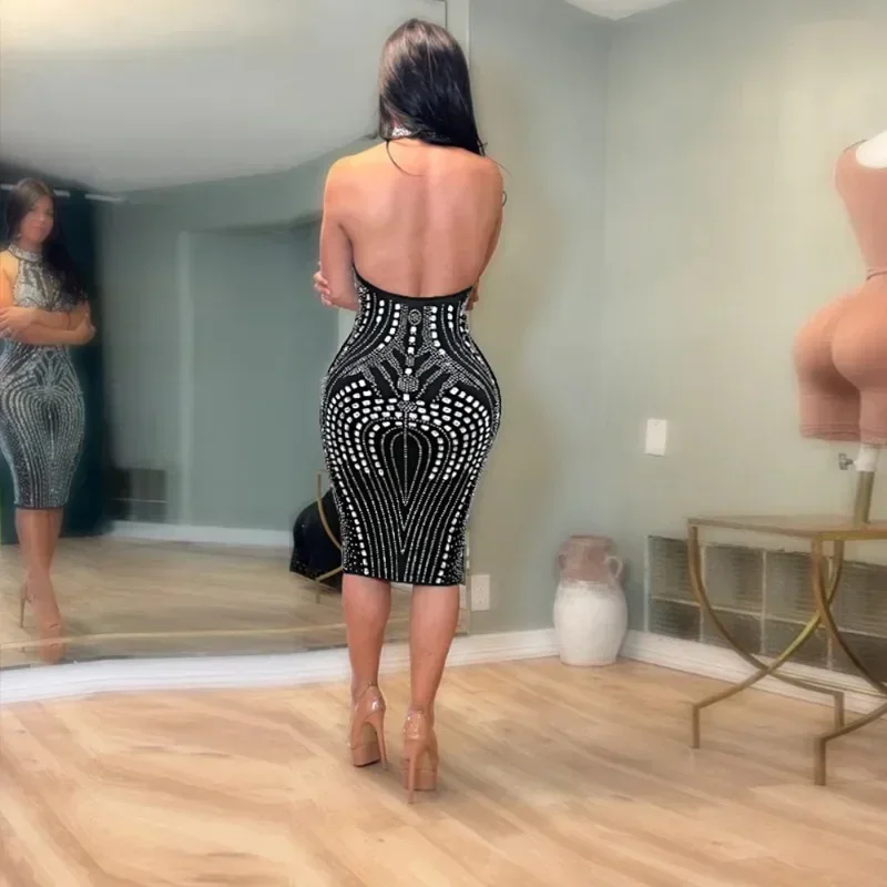 GUWU Halter Hot Strass Bodycon Minikleid Herbst Winter Frauen Diamanten Sexy Rückenfrei Party Club Abend Geburtstag Kleider