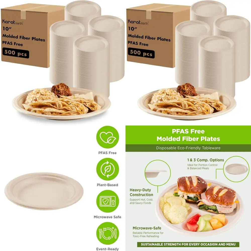 

10-Inch Biodegradable Paper Plates (500 Count) - Durable, Molded Design, Eco-Friendly Bulk Pack (Natural)
