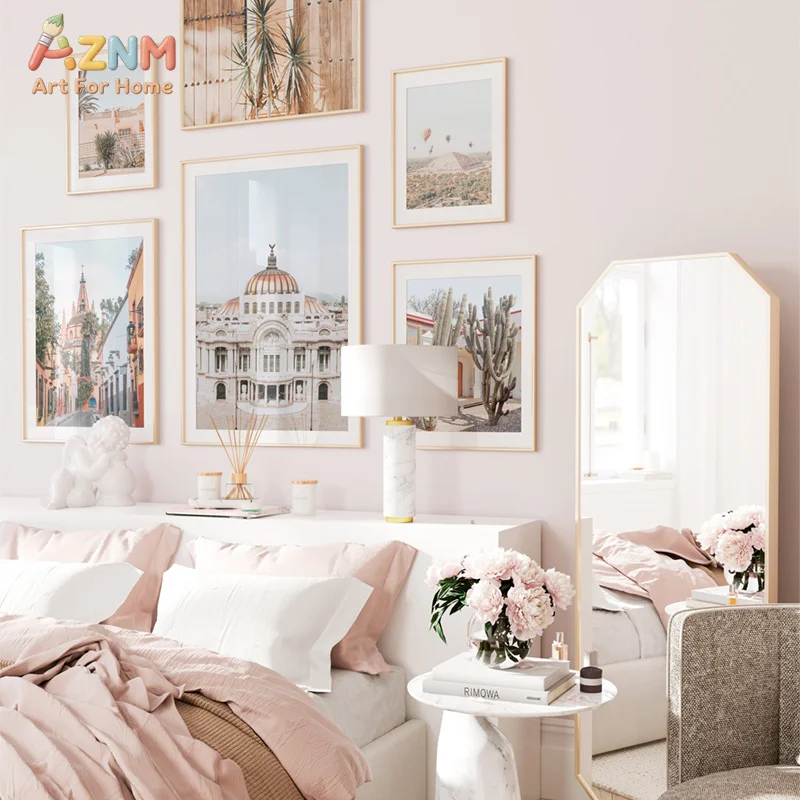 AZNM Boho Mexican City Landscape Canvas Wall Art Neutral Cactus Colonial Architecture Hot Air Balloon Travel Scenery Unframed Ca view 6