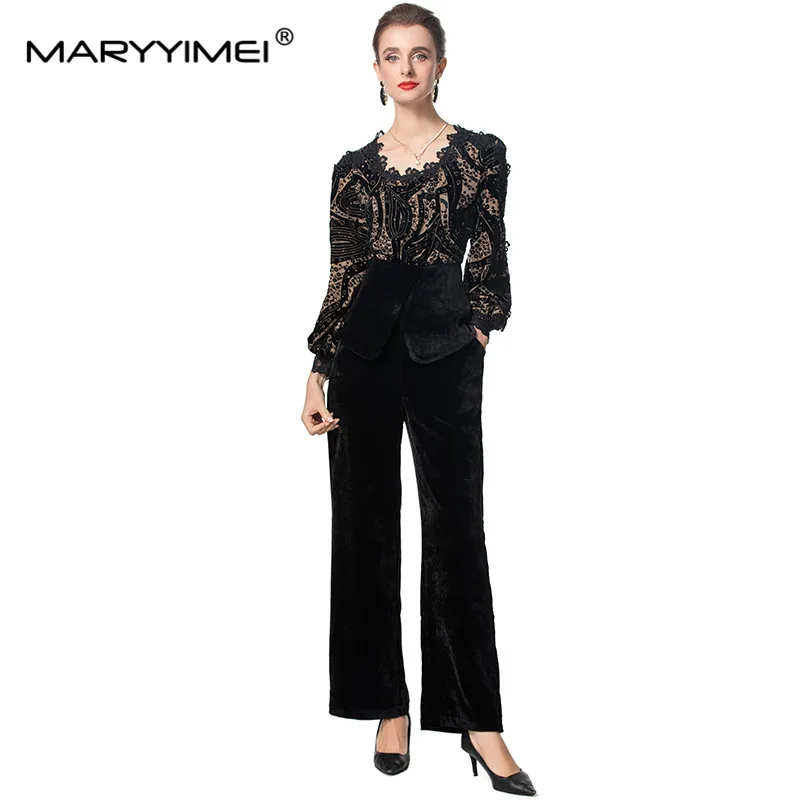 MARYYIMEI-traje de otoño e invierno para mujer, Tops con mangas acampanadas y empalme de encaje + Pantalones de pierna ancha, conjunto de dos piezas negro/rojo High Street