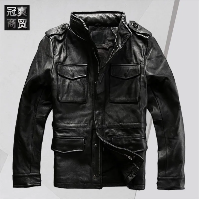 A leather with stand-up collar and multiple pockets casual thickened cowhide