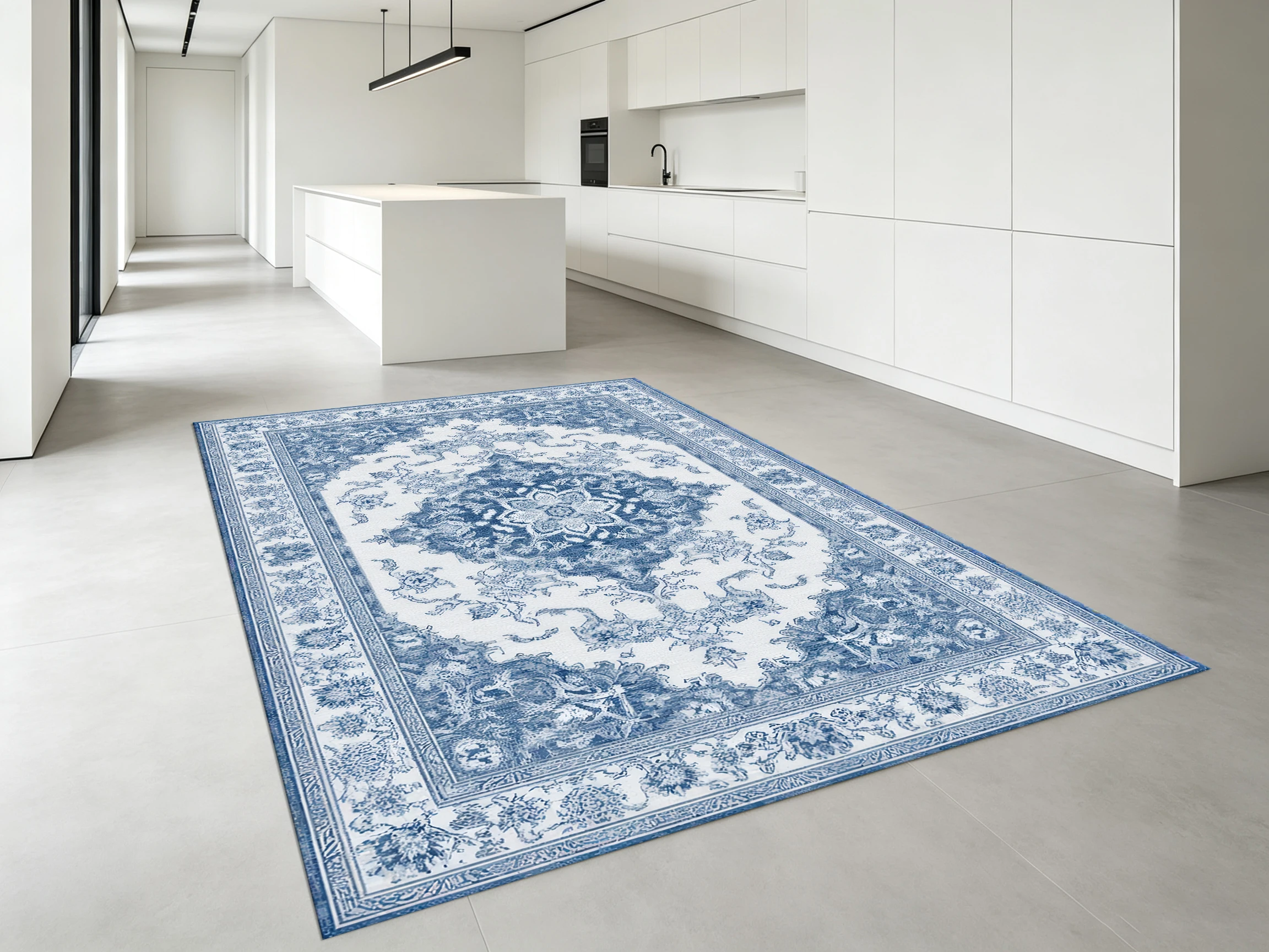 2D Blue & White Retro European Pattern Rug, Soft & Skin-Friendly, Suitable for Living Room & Bedroom, Enhancing the