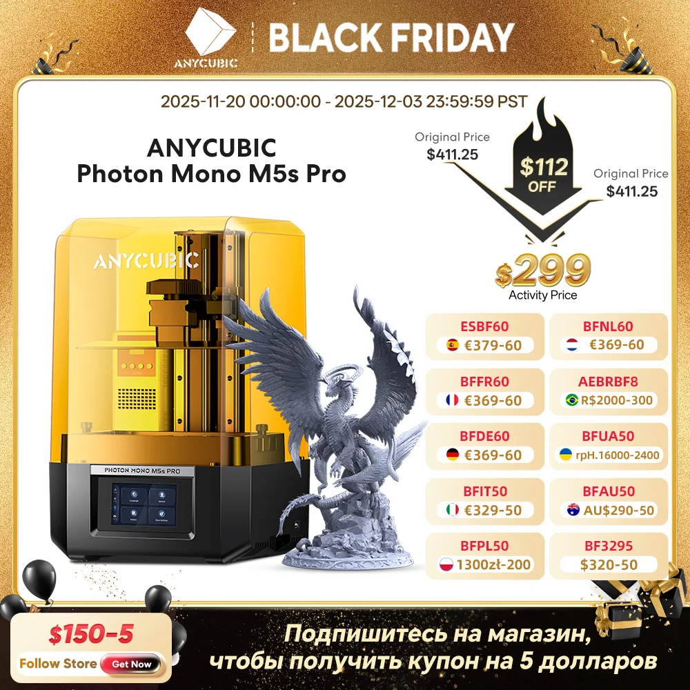 

ANYCUBIC Photon Mono M5s Pro 10.1'' 14K High Speed SLA LCD Resin 3D Printer Leveling Free 150mm/h Printing Size 218*123*200mm