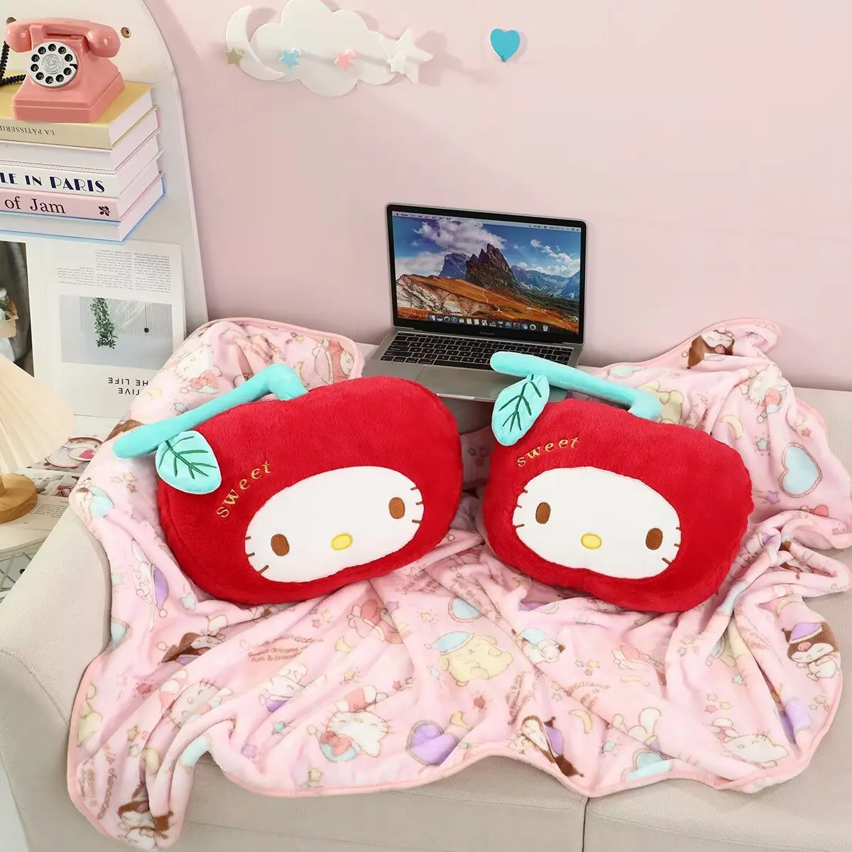 

Sanrio плюшевая подушка Hello Kitty, одеяло, кукла My Melody, игрушка, подушка с фруктами и вишней, прекрасный мягкий подарок для детей