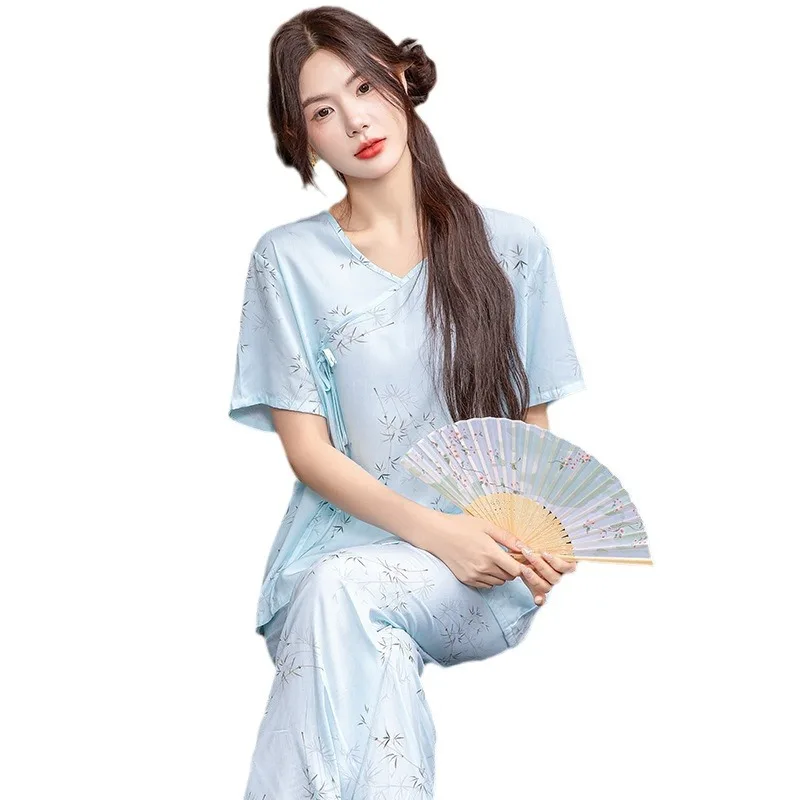 

Cotton Silk Homewear Outfit Satin Pajama Sets Ensembles 2 Piece Pants Trouser Ruffled Lady Outfit Lounge Women Pijama Sleepwear