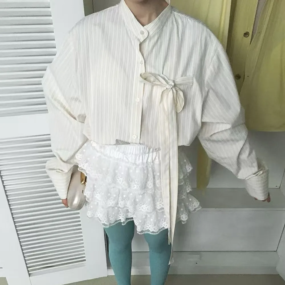 Fashionable Striped Shirt Women's Belted Design Versatile Chic Small-Market Trend Long Sleeve Cardigan Style All-Match