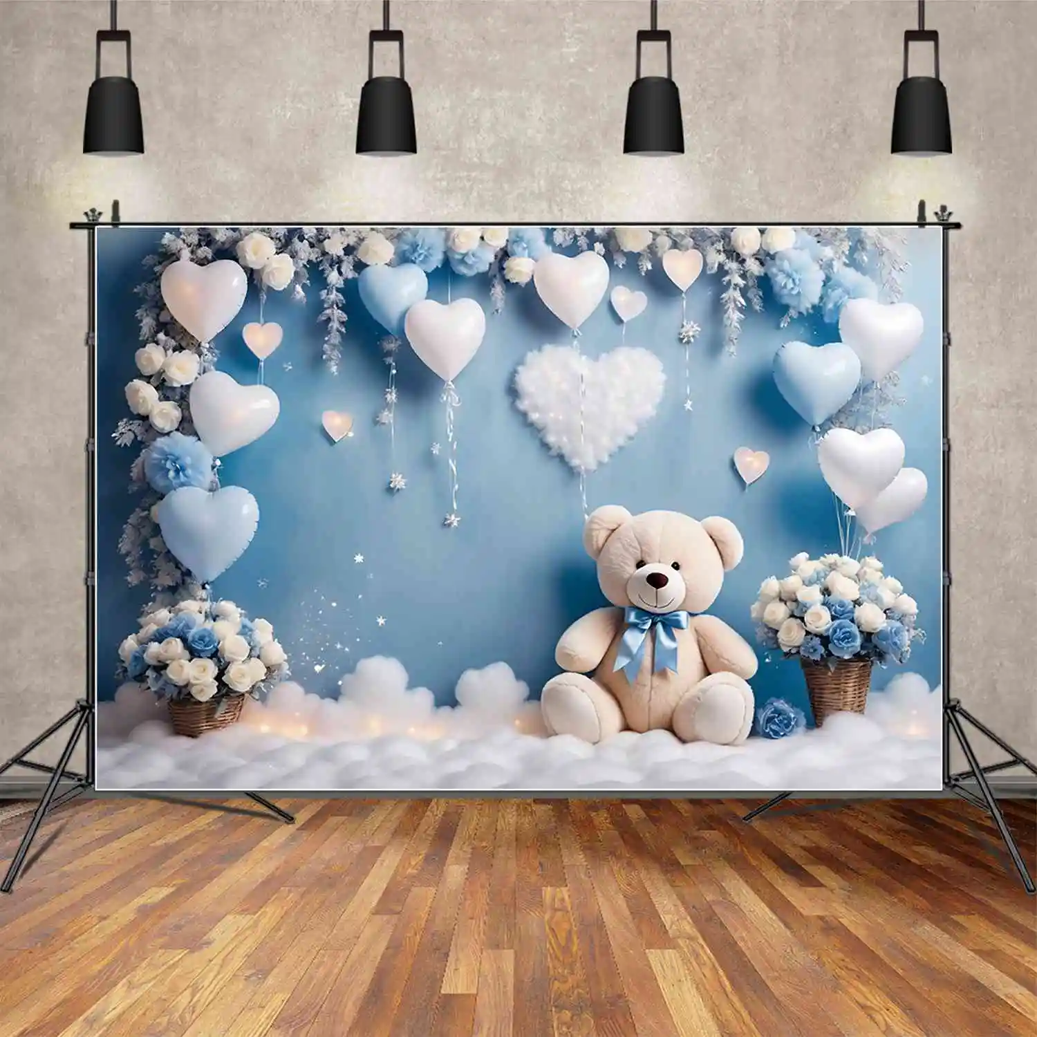 MOON.QG Teddy Bear One Birthday Photocall Backdrop Girls Boys Blue White Balloon Draping Cloth Flower Background 3D Party Props