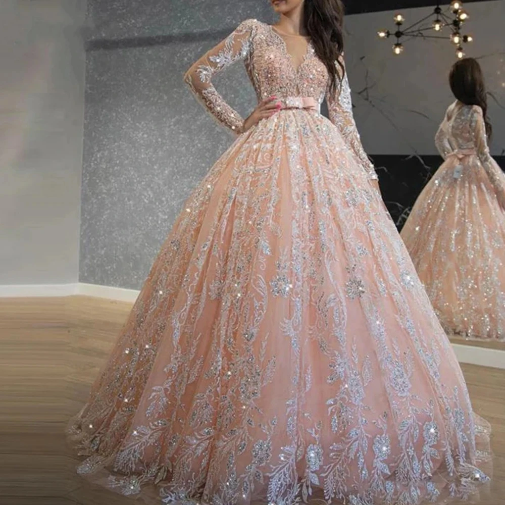 Vestido de baile de lujo para mujer, Vestidos de Noche de encaje con lentejuelas rosas, mangas completas, vestidos de baile de graduación con lazo de ilusión, vestido de fiesta Formal brillante y elegante