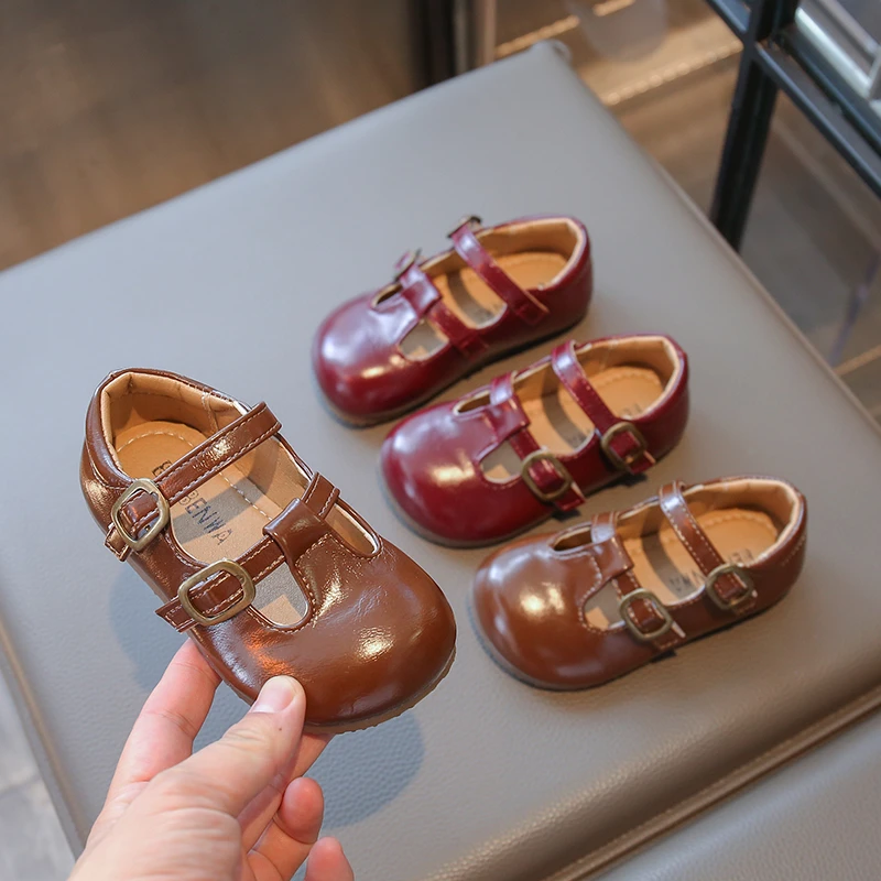 

Retro Spring Autumn Kids Leather Shoes Hollow-out Causal Princess Shoes for Girls Simple T-strap Children's Fashion Flat Shoes