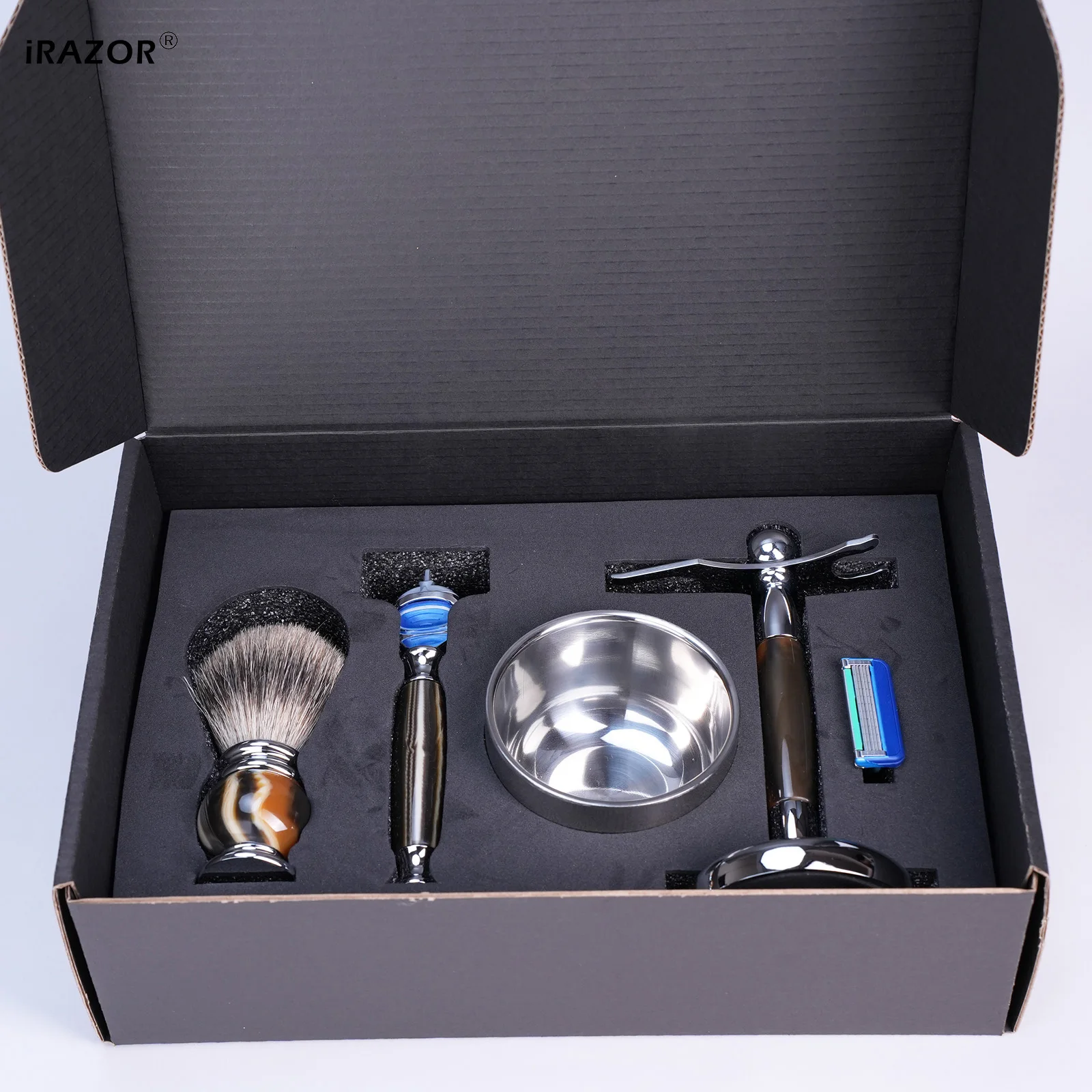 iRAZOR الفاخرة 5-Blade F5 الانصهار الحلاقة الحلاقة عدة للرجال مع الراتنج مقبض الفضة الغرير فرشاة شعر السلطانية أداة تهذيب الشعر هدية
