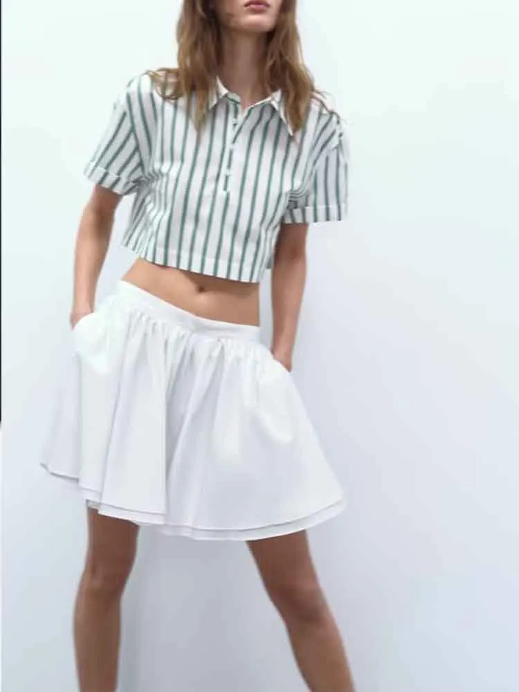 

European style new women's fashion all-match temperament design all-match striped poplin short shirt