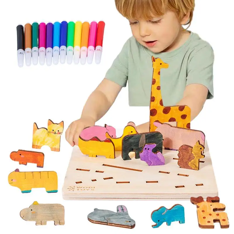 Quebra-cabeças de animais para crianças, kit de pintura, tabuleiro de quebra-cabeça, jogos de aprendizagem, quebra-cabeças de madeira, brinquedos educativos para crianças