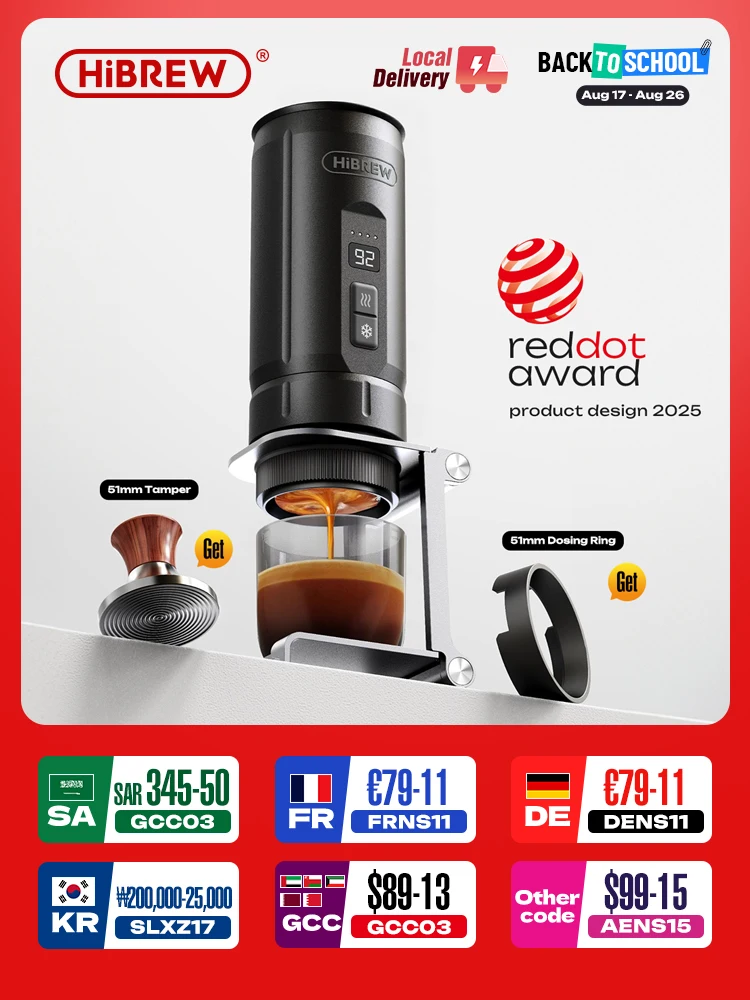 HiBREW H4C Tragbare Espressomaschine, kabellose Heizung, abnehmbare Batterie, Barista-gemahlener Kaffee, bodenlose Extraktion