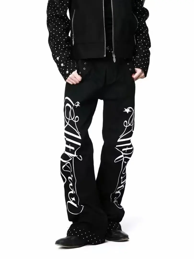 Autumn Men's Letter Printed Straight-Leg Baggy Jeans Hip Hop Fashion Washed Denim Pantalones American Retro Y2K Streetwear