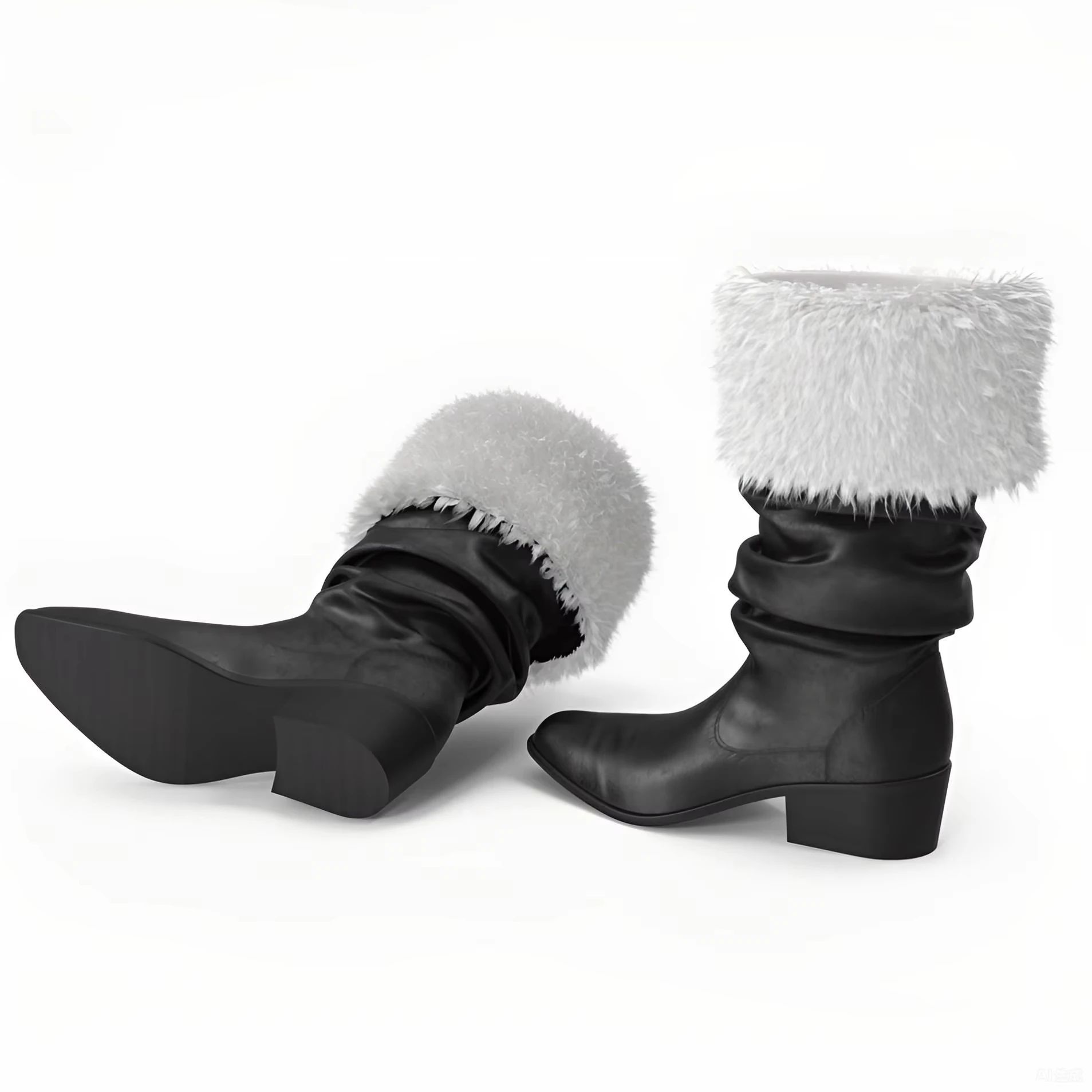 2026 Unisex Black Leather Santa Boots Decorated With White Furry Edge Halloween Christmas Holiday Cosplay Party Costume Footwear 4